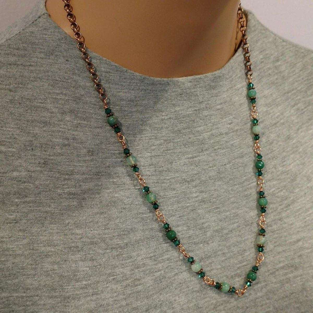 24 Inches Emerald Agate Striped Gemstone Wire Wrapped Necklace